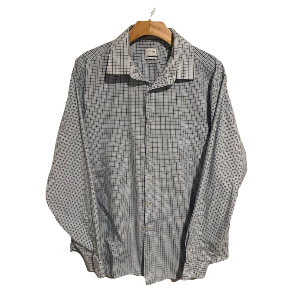 Arrow Dress Shirt Mens XL 17 1/2 Blue Check Athletic Fit